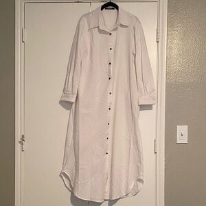 Elegant linen White Button-Down Shirt Dress